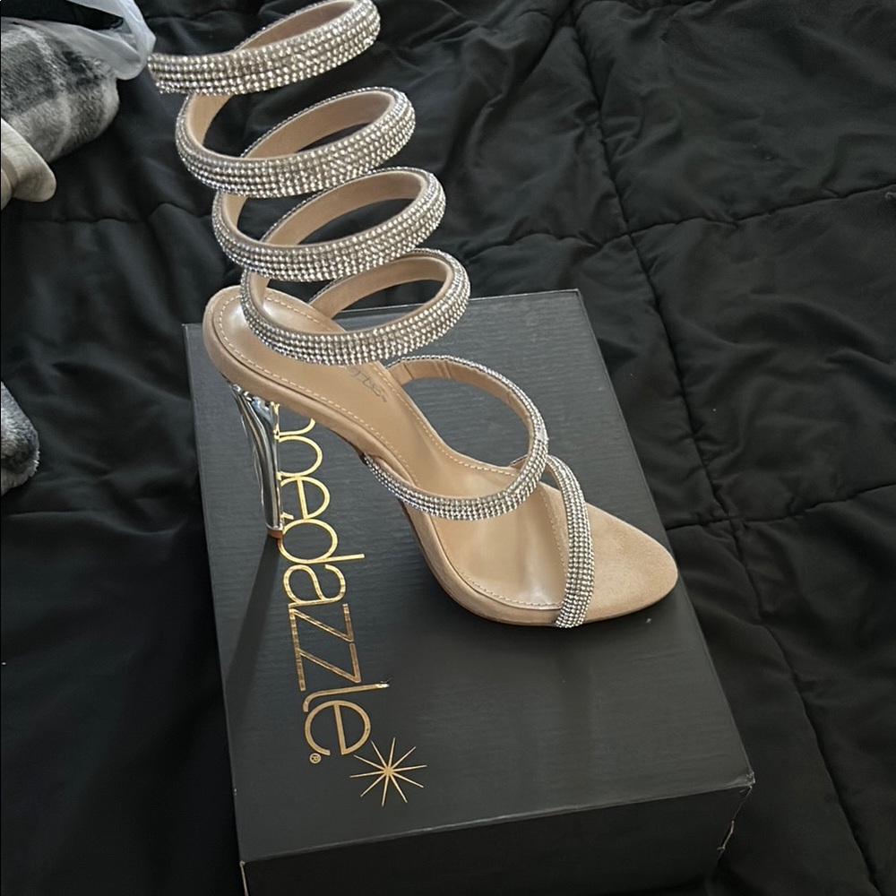 Shoe Dazzle Women's Beige Rhinestone Strappy Heels